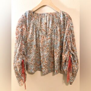 Anthropologie longsleeve Shirred Blouse turquoise burnt orange Crop top